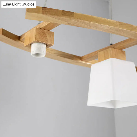 Ivory Glass Trapezoid Island Lamp - 3-Bulb Minimalist Pendant Light In Wood For Dining Room