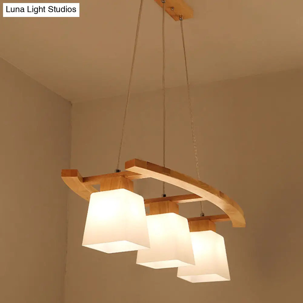 Ivory Glass Trapezoid Island Lamp - 3-Bulb Minimalist Pendant Light In Wood For Dining Room