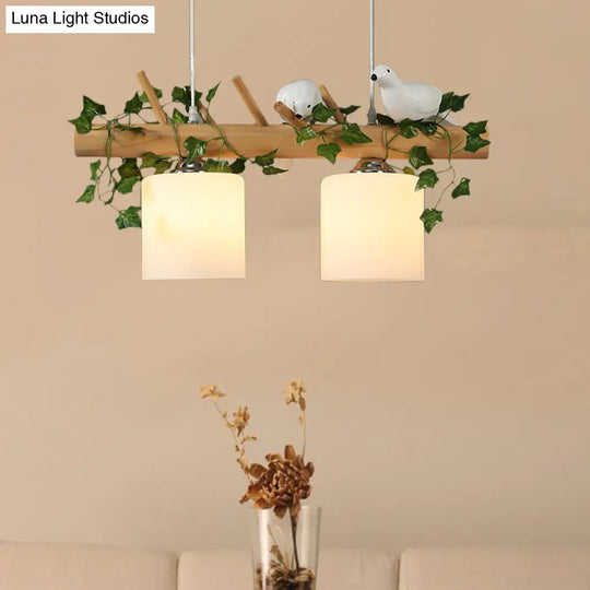 Ivory Glass Wood Island Pendant - Industrial Style With Maple/Green Leaf And Bird Décor 2/3 Bulbs 2