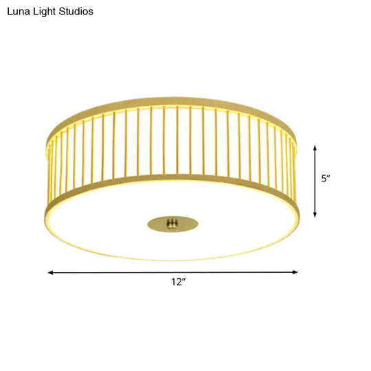 Japanese Bamboo Beige Led Cylinder Flush Mount Ceiling Light For Dining Room