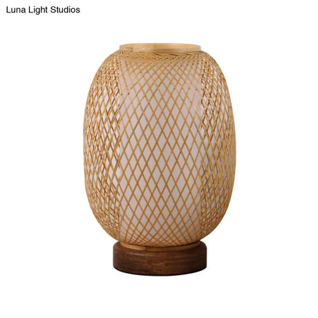 Japanese Bamboo Lantern Desk Lamp - Beige 1-Head Task Light With Circular Wood Base