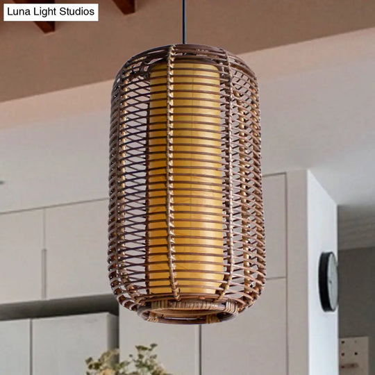 Japanese Bamboo Pendant Light - Cylindrical 1-Head Brown Suspended Lighting Fixture