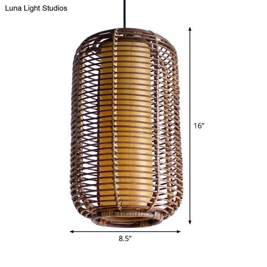 Japanese Bamboo Pendant Light - Cylindrical 1-Head Brown Suspended Lighting Fixture