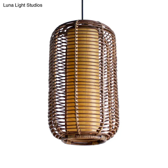 Japanese Bamboo Pendant Light - Cylindrical 1-Head Brown Suspended Lighting Fixture