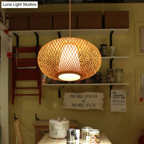 Japanese Bamboo Pendant Lighting - Handmade 1 Head 14/18 Wide Beige Hanging Light Fixture