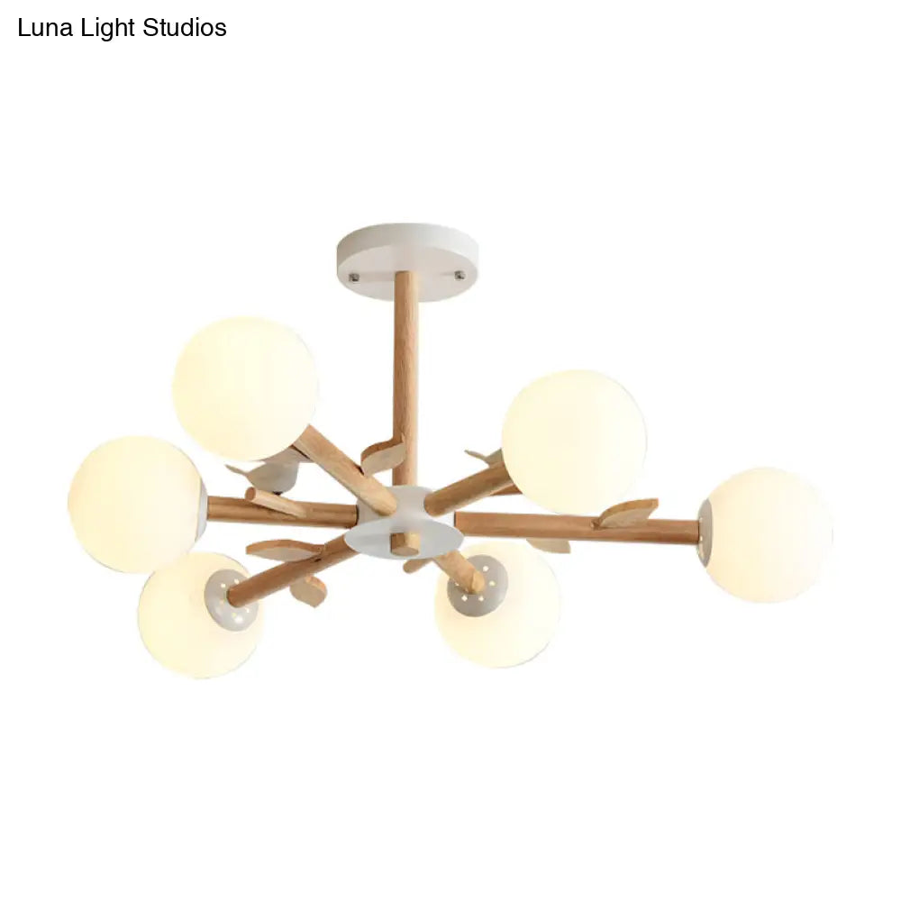 White Japanese Style Bedroom Chandelier With Bird Wood Glass Orb Shade