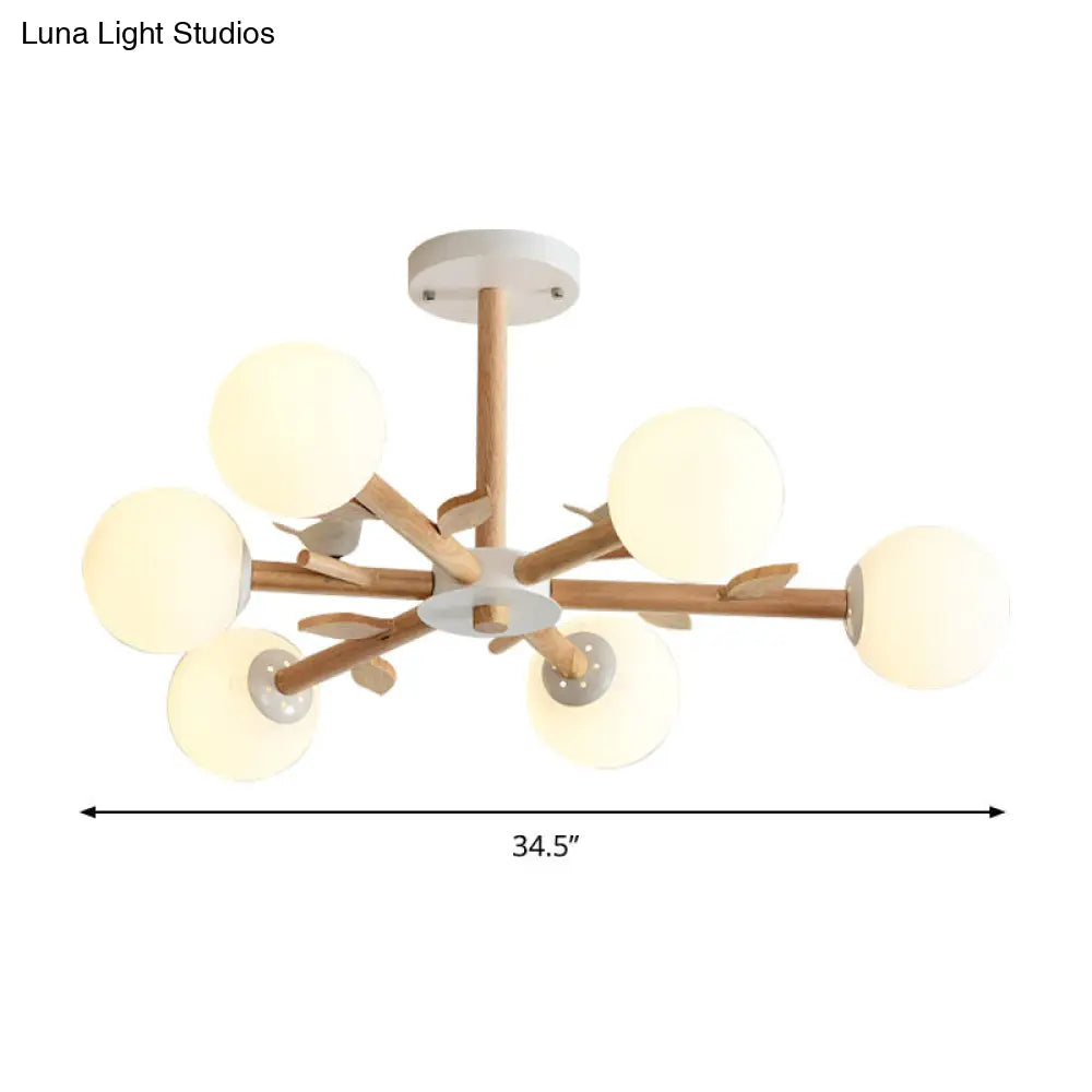 White Japanese Style Bedroom Chandelier With Bird Wood Glass Orb Shade