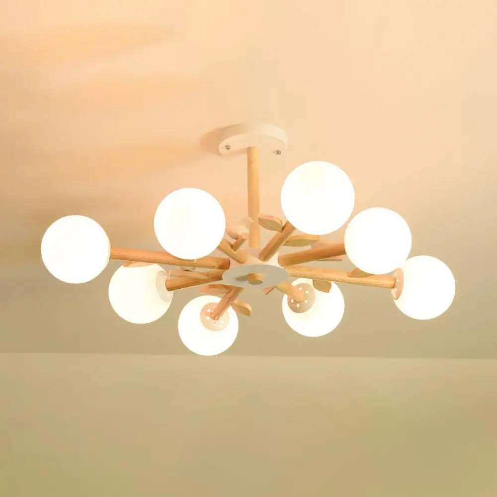 Japanese-Inspired Bedroom Chandelier With Orb Shade Birds Wood And Glass In White 8 /