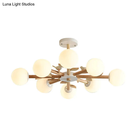 White Japanese Style Bedroom Chandelier With Bird Wood Glass Orb Shade