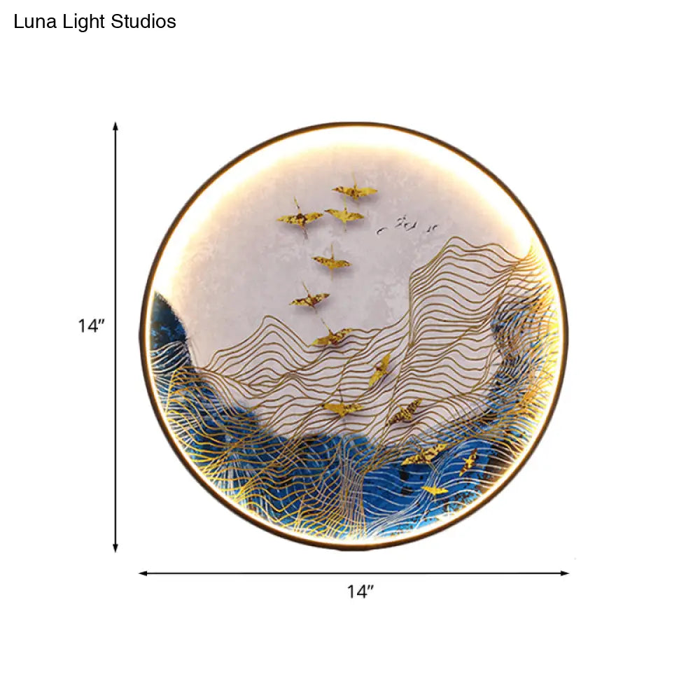 Japanese Metal Led Wall Sconce With Mountain And Bird Design For Dining Room Decor