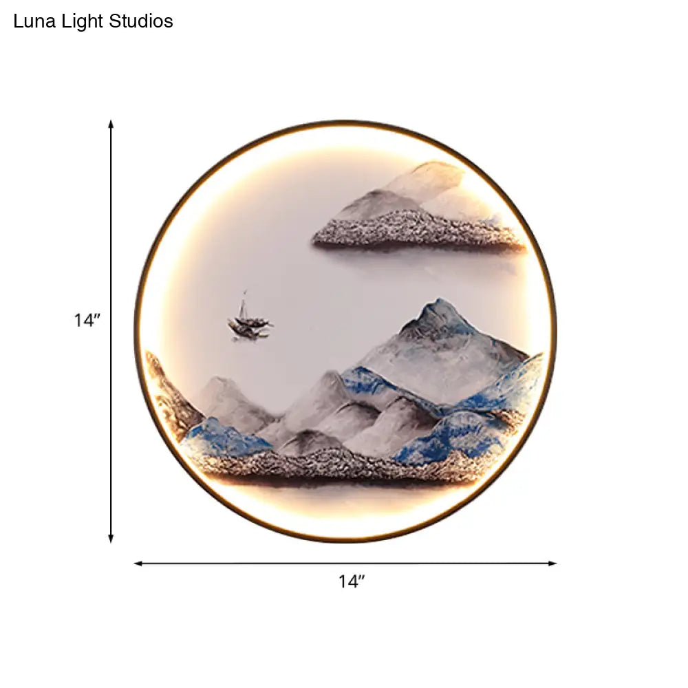 Japanese Metal Led Wall Sconce With Mountain And Bird Design For Dining Room Decor
