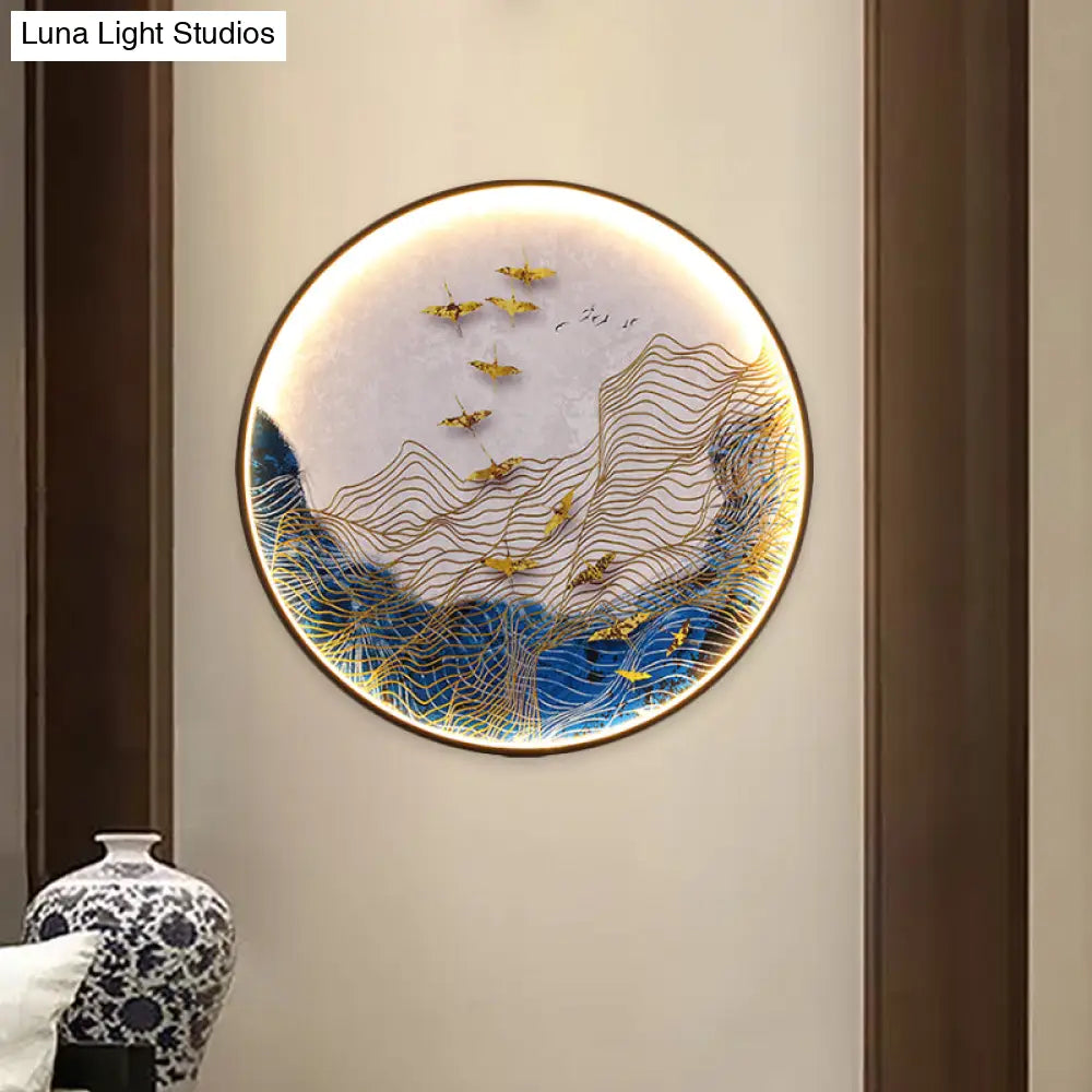 Japanese Metal Led Wall Sconce With Mountain And Bird Design For Dining Room Decor