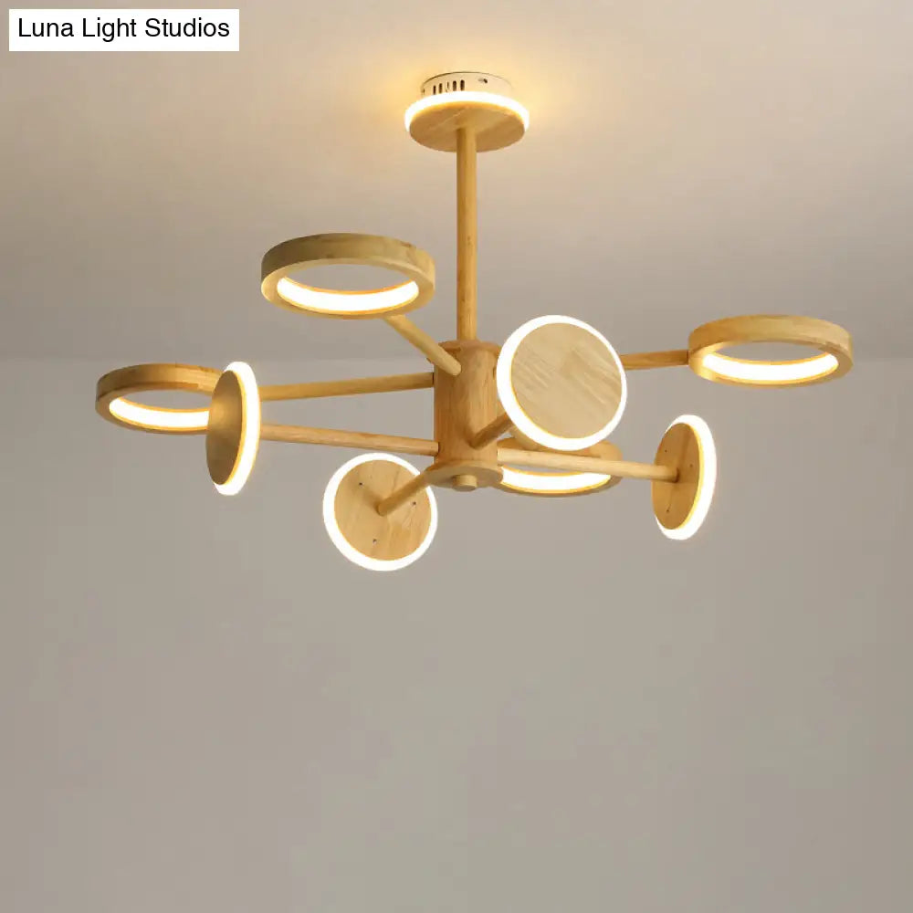 Japanese Wooden Radial Chandelier Led Light In Beige For Living Room
