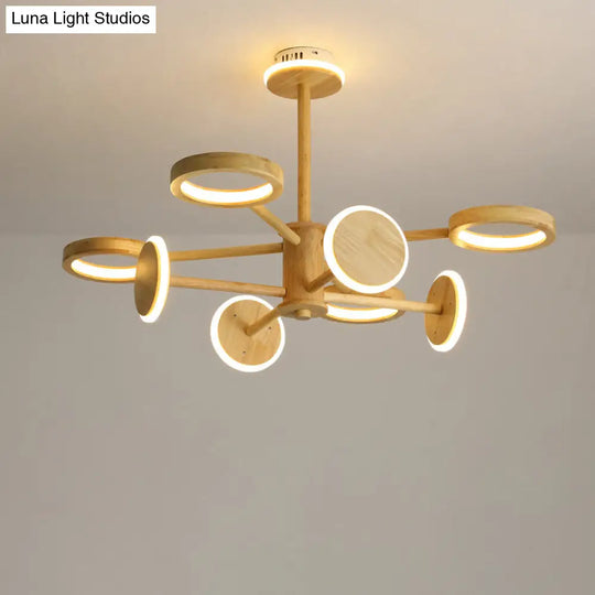 Japanese Wooden Radial Chandelier Led Light In Beige For Living Room