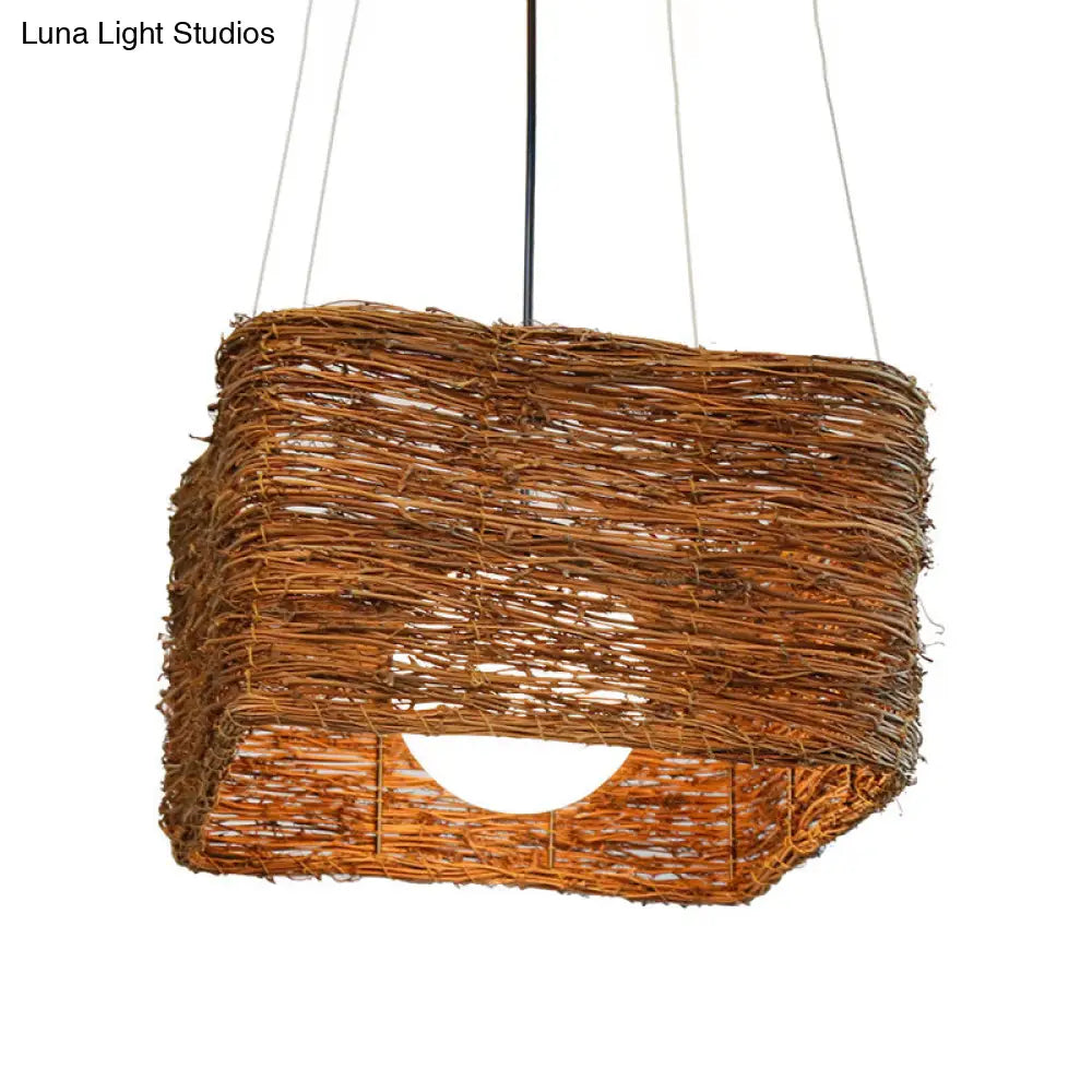 Japanese Rattan Pendant Light In Brown - Modern Rectangular Design