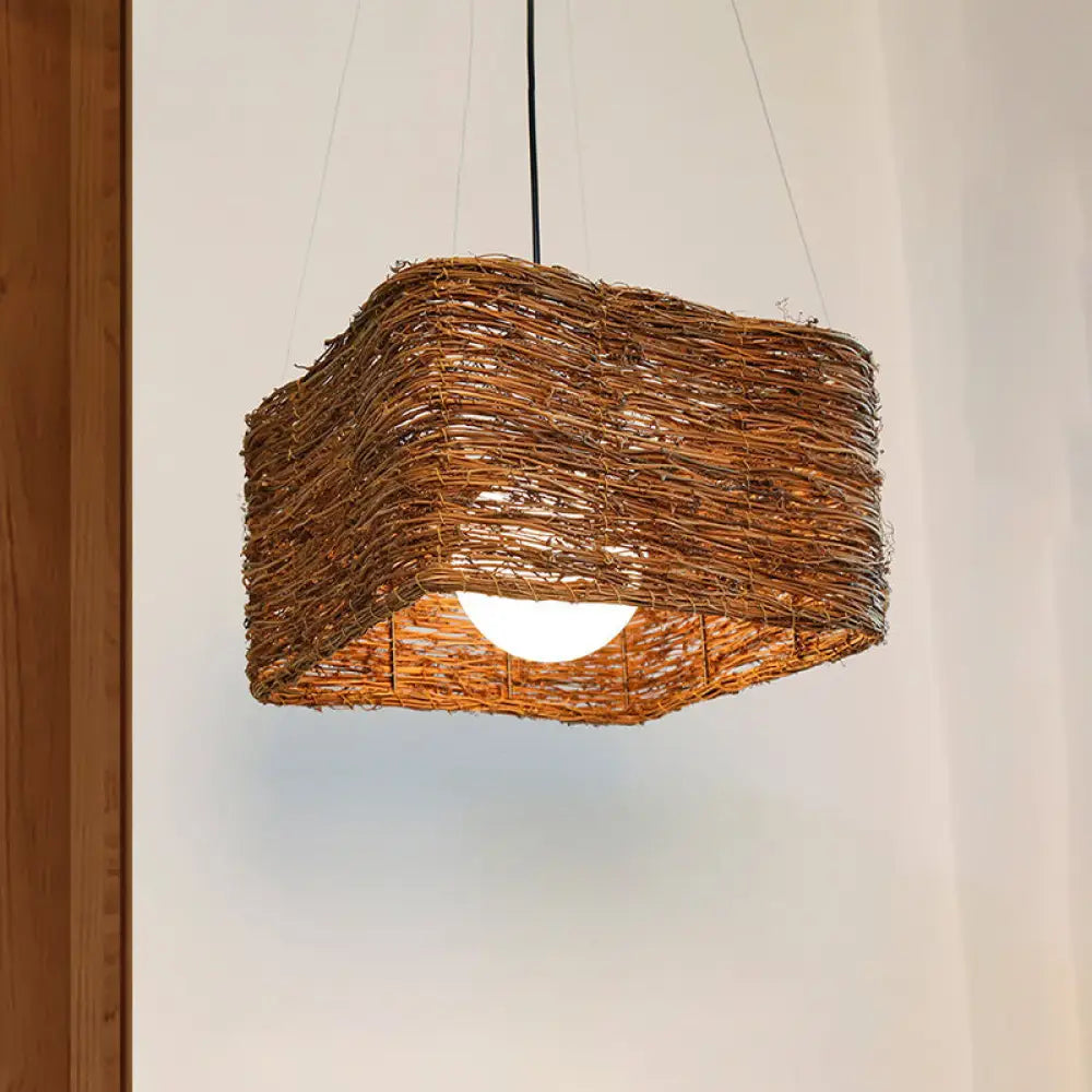 Japanese Rattan Pendant Light In Brown - Modern Rectangular Design