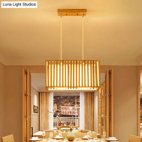 Japanese Style 2-Head Pendant Lighting For Dining Table - Rubber Wood Cuboid Cage Island Light