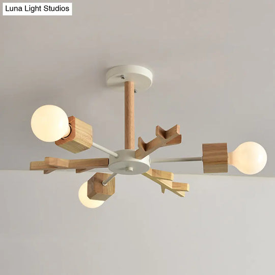 Japanese Style Beige Wood Chandelier - Snowflake Pendant Light For Bedroom