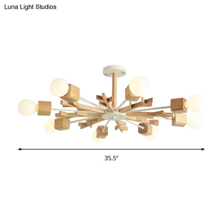 Japanese Style Beige Wood Chandelier - Snowflake Pendant Light For Bedroom