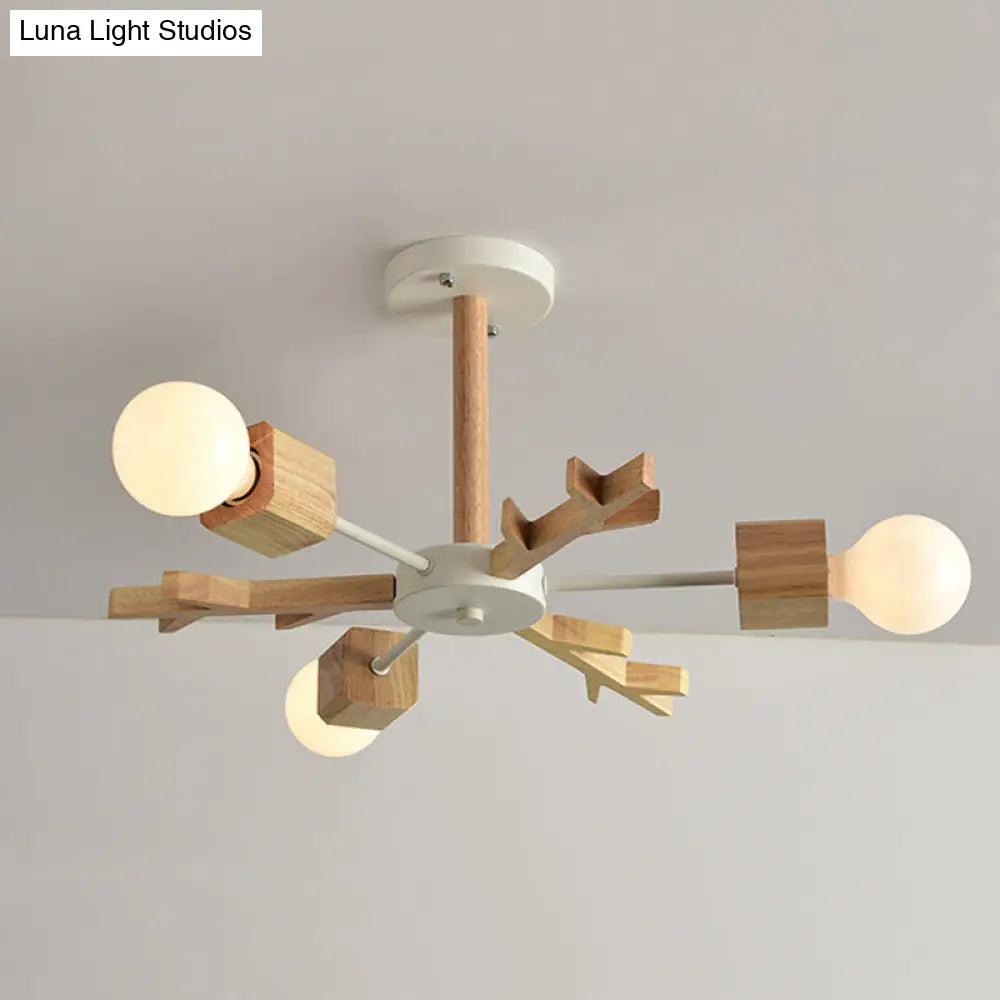 Beige Snowflake Pendant Light: Japanese Style Wood Chandelier For Bedroom