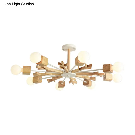 Beige Snowflake Pendant Light: Japanese Style Wood Chandelier For Bedroom
