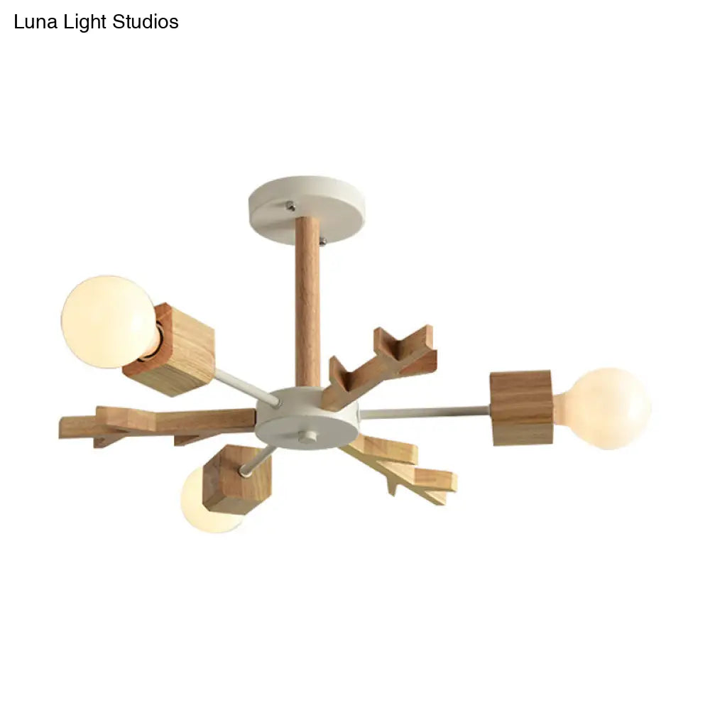 Beige Snowflake Pendant Light: Japanese Style Wood Chandelier For Bedroom