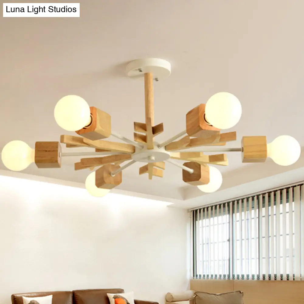 Japanese Style Beige Wood Chandelier - Snowflake Pendant Light For Bedroom