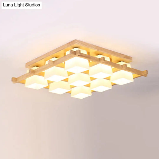 Japanese Style Cream Glass Geometrical Flush Mount Lighting Fixture 9 / Wood