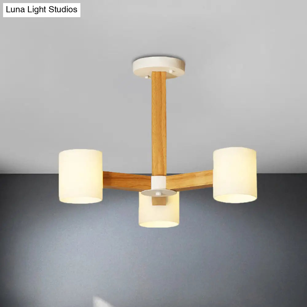 Stylish Japanese Glass & Wood Bedroom Pendant Chandelier With White Cylindrical Shade