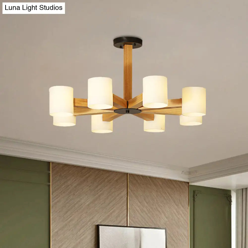 Stylish Japanese Glass & Wood Bedroom Pendant Chandelier With White Cylindrical Shade