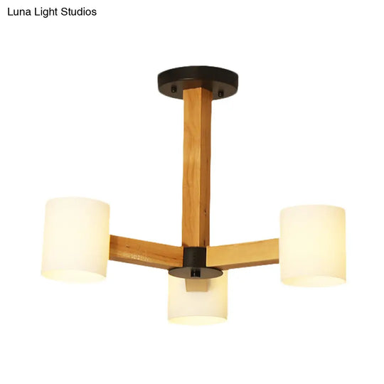 Stylish Japanese Glass & Wood Bedroom Pendant Chandelier With White Cylindrical Shade