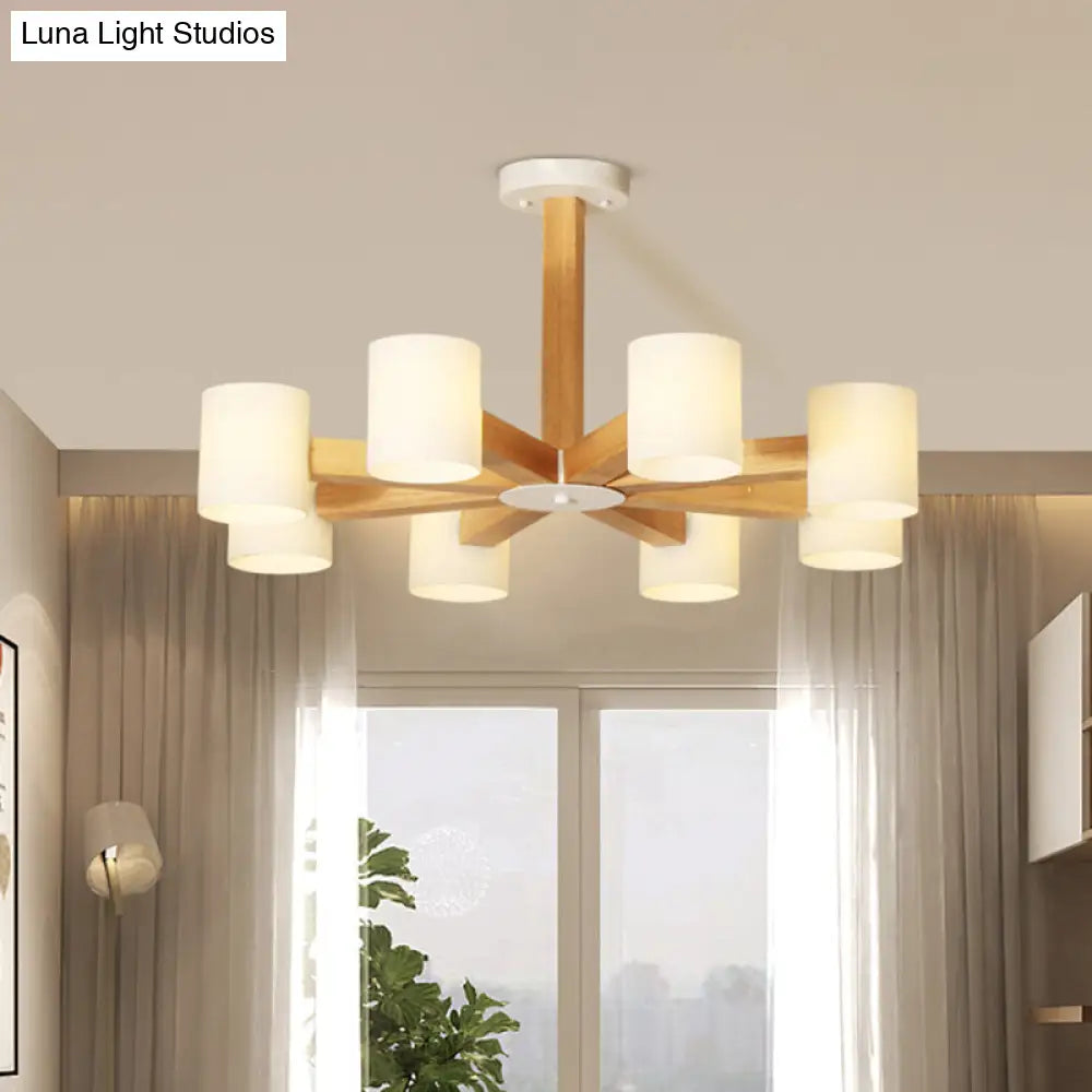 Stylish Japanese Glass & Wood Bedroom Pendant Chandelier With White Cylindrical Shade