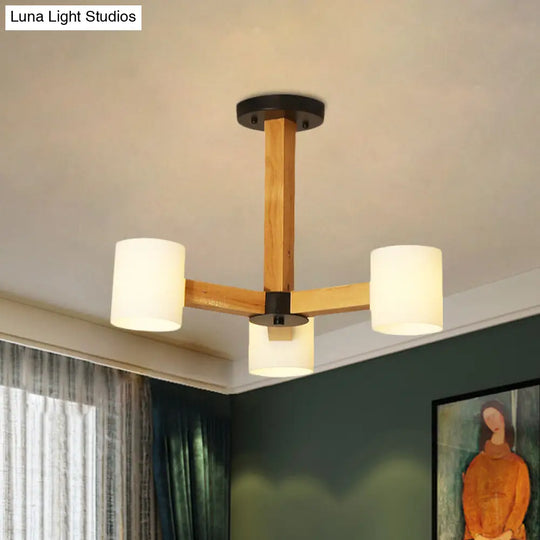 Stylish Japanese Glass & Wood Bedroom Pendant Chandelier With White Cylindrical Shade