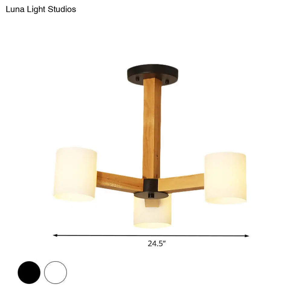 Stylish Japanese Glass & Wood Bedroom Pendant Chandelier With White Cylindrical Shade