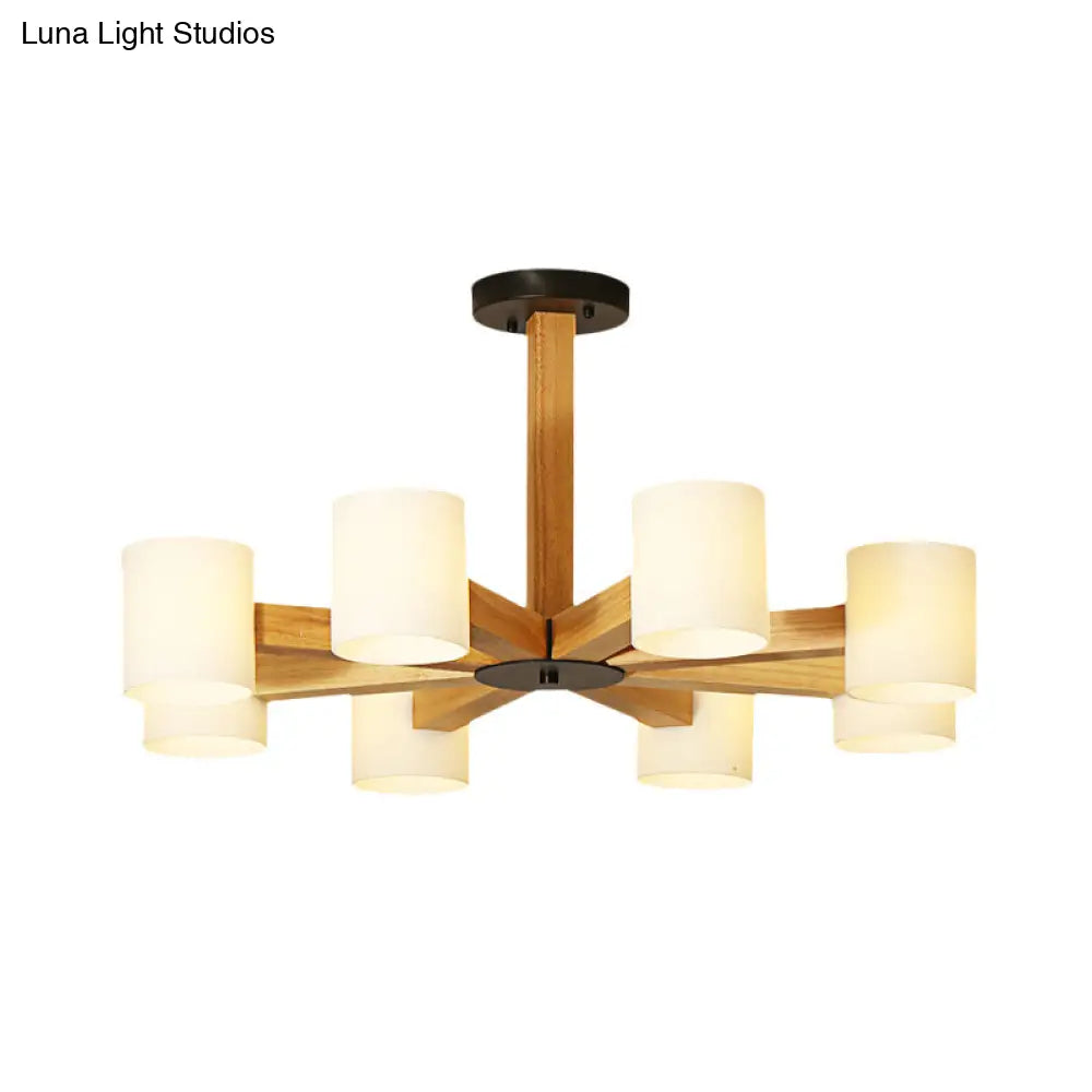 Stylish Japanese Glass & Wood Bedroom Pendant Chandelier With White Cylindrical Shade