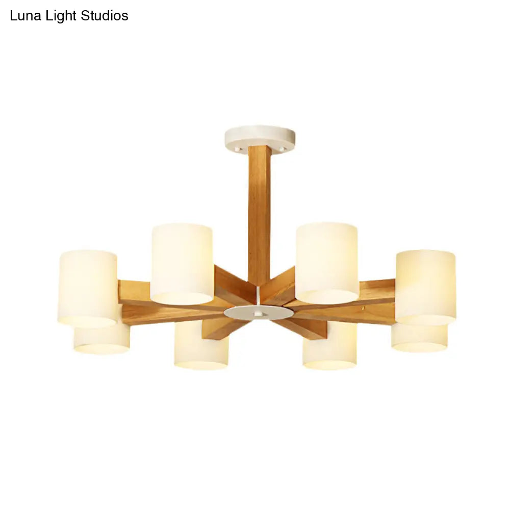 Stylish Japanese Glass & Wood Bedroom Pendant Chandelier With White Cylindrical Shade