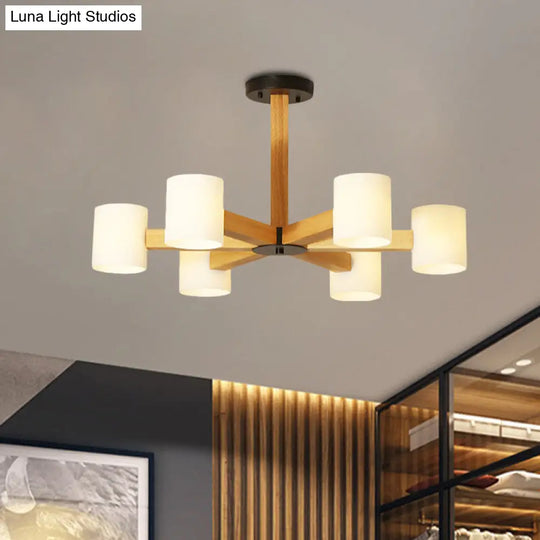 Stylish Japanese Glass & Wood Bedroom Pendant Chandelier With White Cylindrical Shade 6 / Black