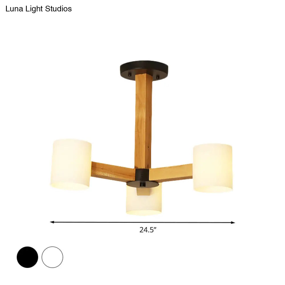 Japanese Style Pendant Chandelier With White Glass Shade And Wood Accents For Bedroom Lighting