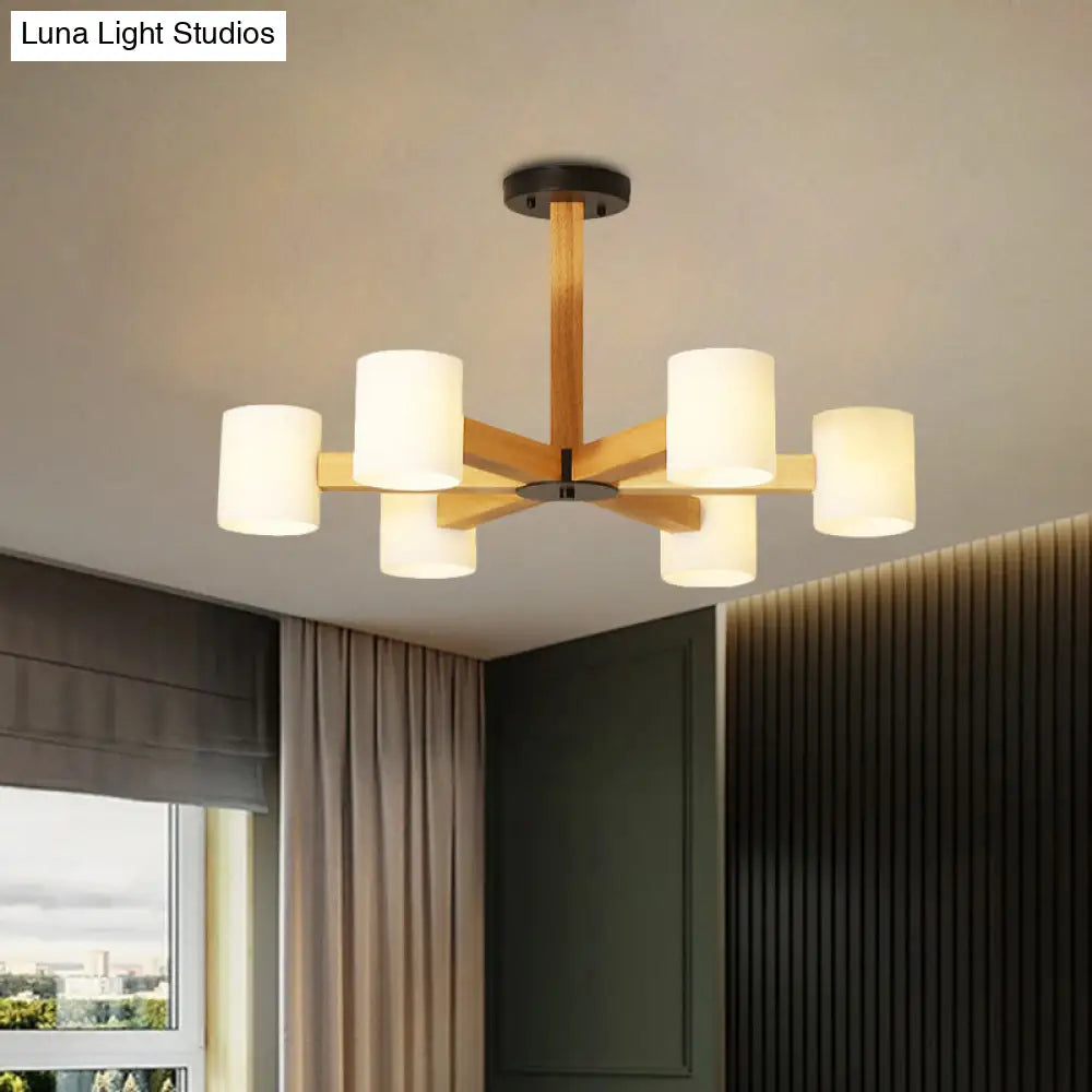 Stylish Japanese Glass & Wood Bedroom Pendant Chandelier With White Cylindrical Shade