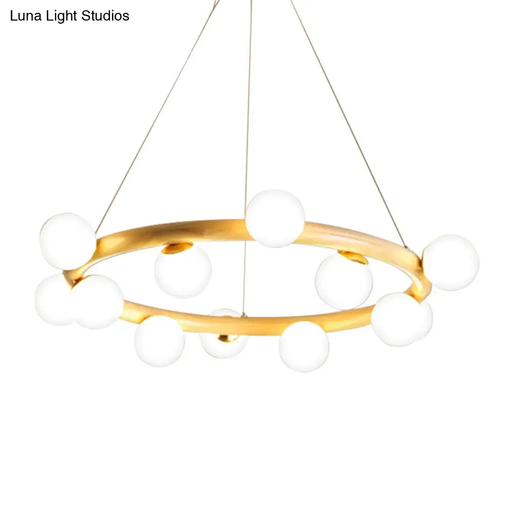 Japanese Style Wood Ring Pendant Light With Bubble Shade In Beige - Perfect For Study Room