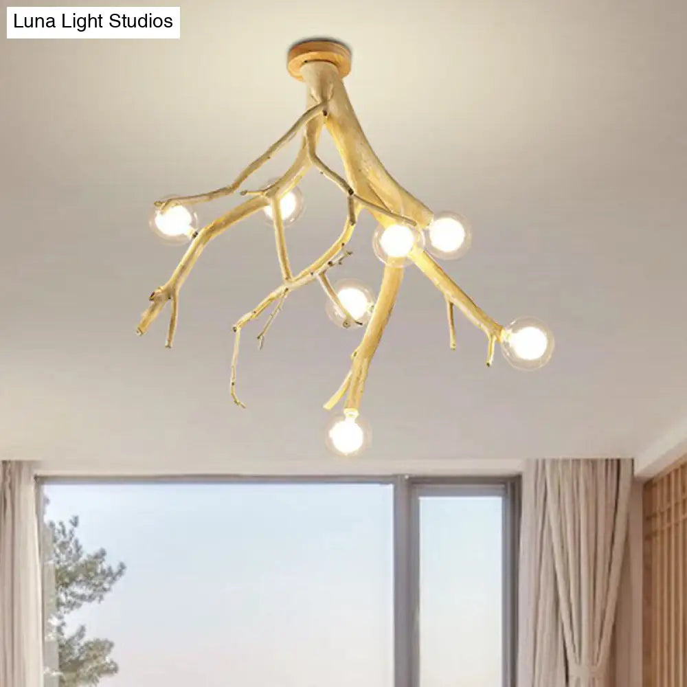 Japanese-Style Wood Tree Branch Ceiling Light: 8-Bulb Metal Semi Flush Mount For Dining Room