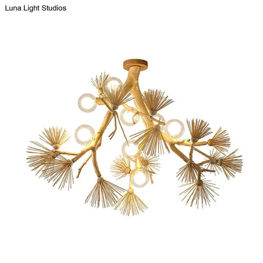 Japanese-Style Wood Tree Branch Ceiling Light: 8-Bulb Metal Semi Flush Mount For Dining Room