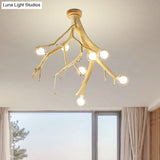 Japanese - Style Wood Tree Branch Ceiling Light: 8 - Bulb Metal Semi Flush Mount For Dining Room