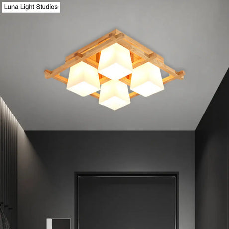 Japanese Style Wooden Checkerboard Flush Mount Ceiling Light In Beige For Study Room