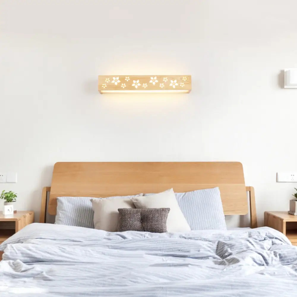 Japanese Style Wooden Flower Wall Lamp With Shelf & Beige Led Sconce Light