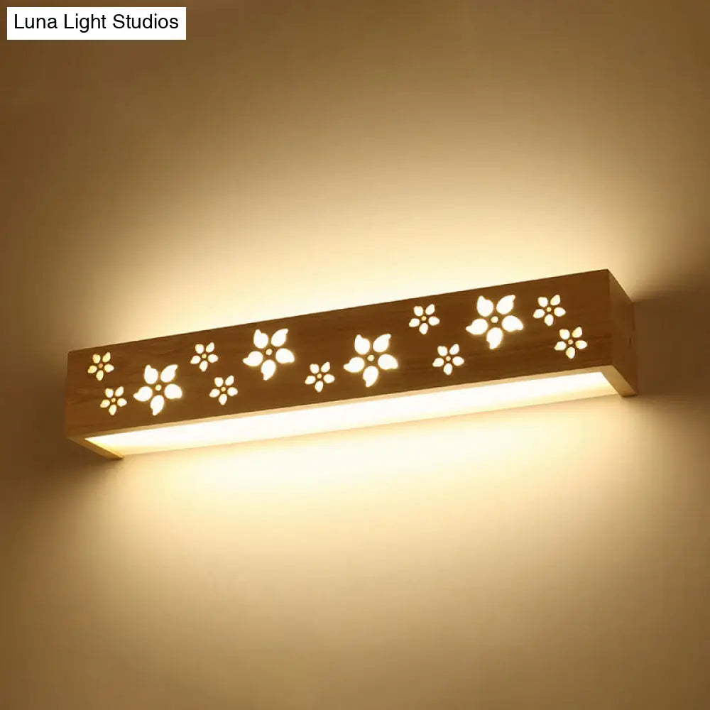 Japanese Style Wooden Flower Wall Lamp With Shelf & Beige Led Sconce Light