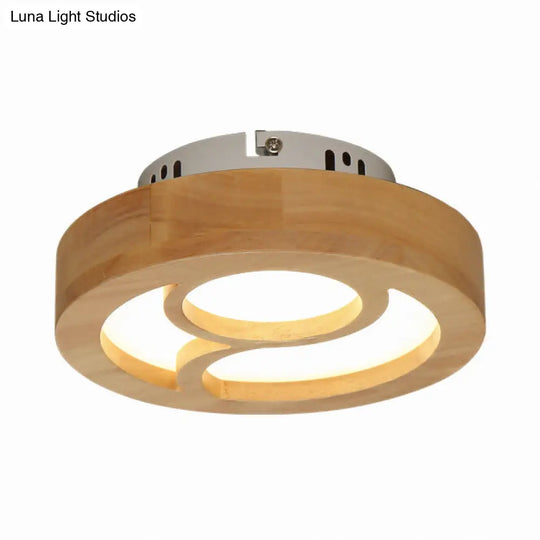 Japanese Style Wooden Led Flush Ceiling Light In Beige For Hallway Porch Wood / A