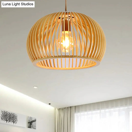 Japanese Wood Domed Pendant Lamp - Beige Ceiling Light For Living Room 13/18 Wide / 13