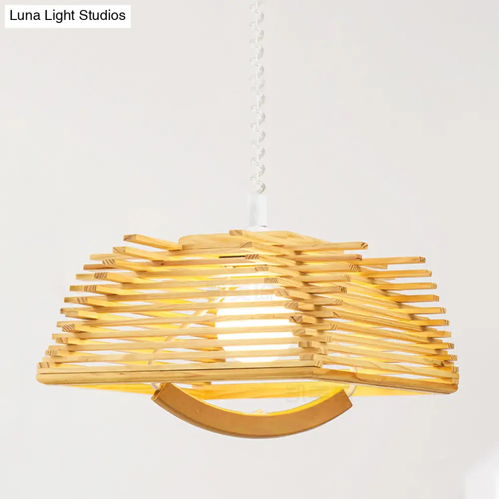 Japanese Wood Pendant Light - Laser Cut Design Beige 1 Head Ceiling Hanging With Spring