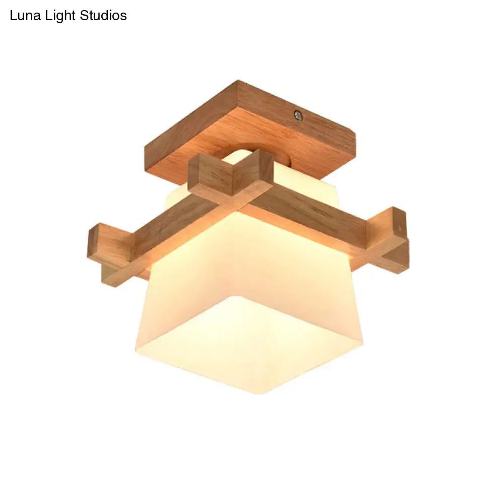 Japanese Wood Square Flush Mount Ceiling Light With White Glass Shade - Ideal For Corridors